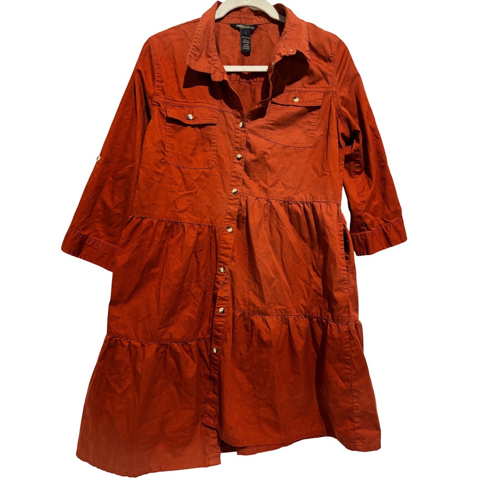 Rust Orange Button Down Tier Ruffle Midi Dress Cotton Sz L Boho Cowgirl Peasant